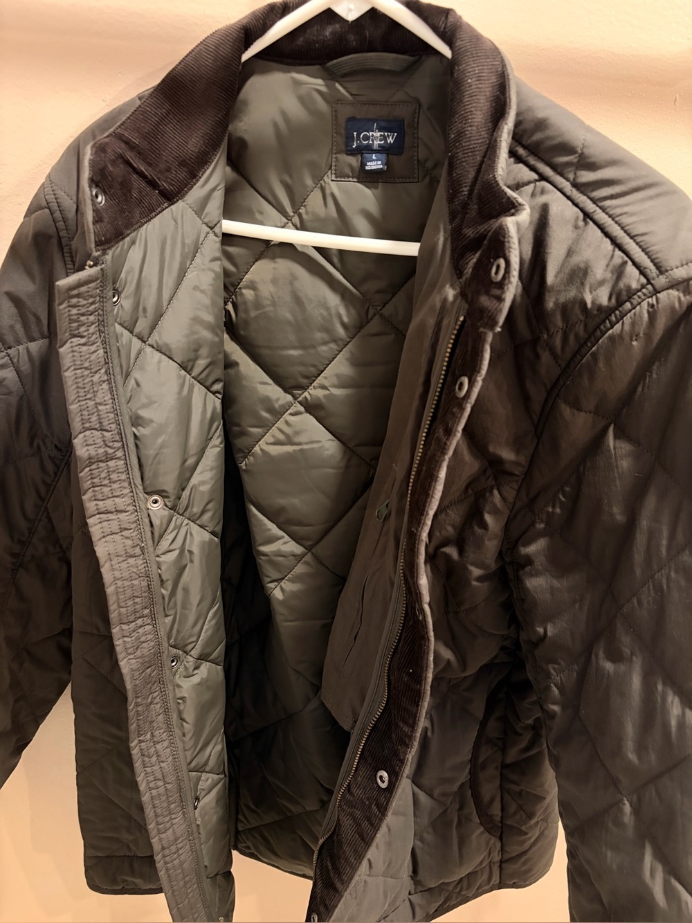 J. Crew Quilted Olive Green Lightweight Jacket with Corduroy Collar